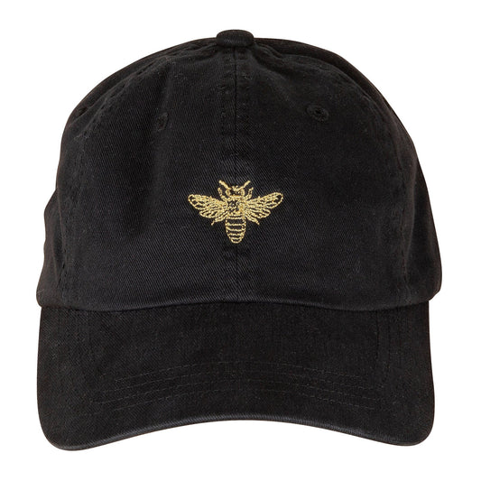 Black baseball cap with an embroidered yellow bee on a white background