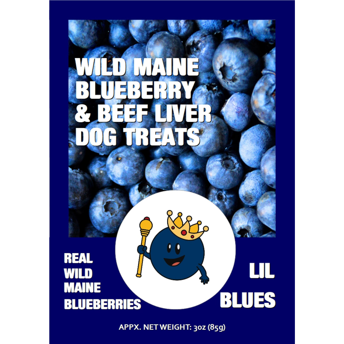 Front packaging label for Wild Maine Blueberry & Beef Liver Dog Treats, featuring a background of fresh blueberries. 3oz size. 