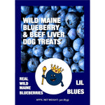 Front packaging label for Wild Maine Blueberry & Beef Liver Dog Treats, featuring a background of fresh blueberries. 3oz size.  Thumbnail
