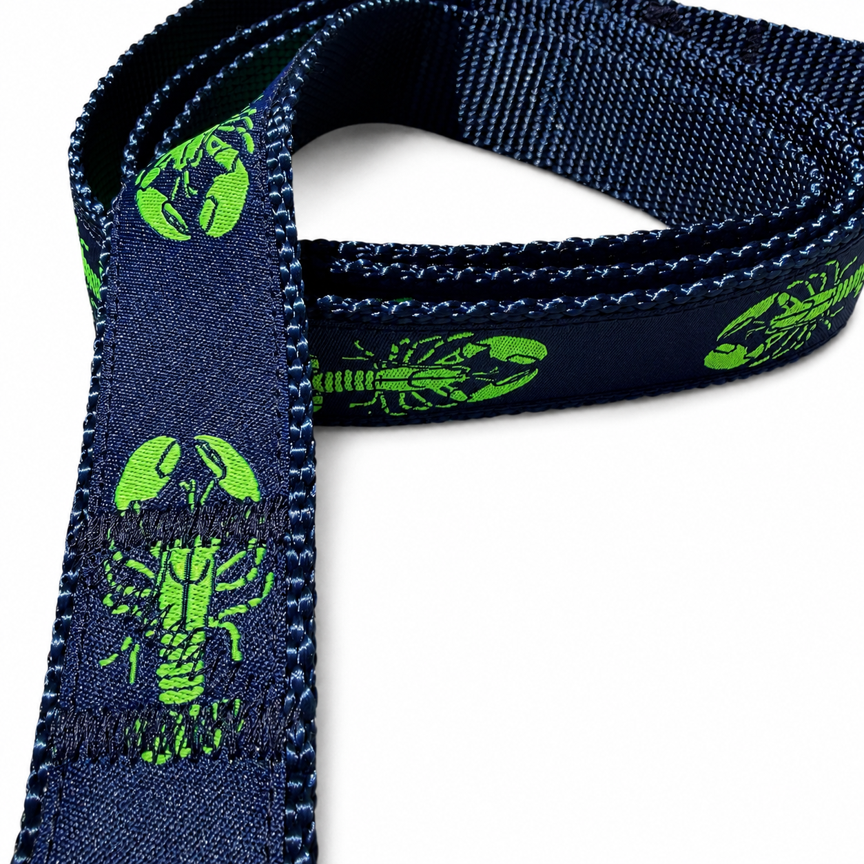 Handmade Ribbon Dog Leash - Lime Lobster On Navy - Navy Nylon - 2 Lengths