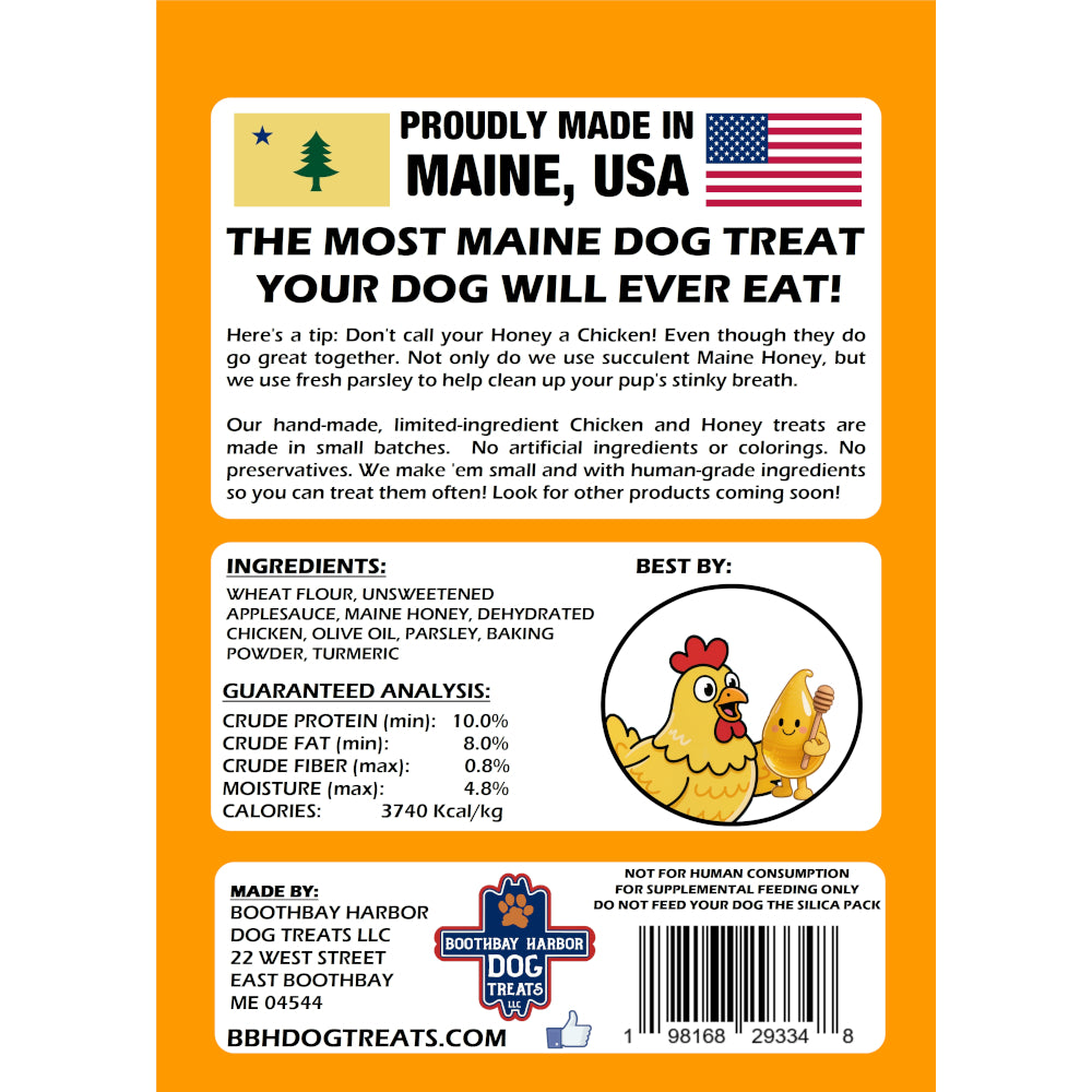 Back of the packaging showing the "Proudly Made in Maine, USA" badge, guaranteed analysis, and a transparent list of limited, human-grade ingredients.