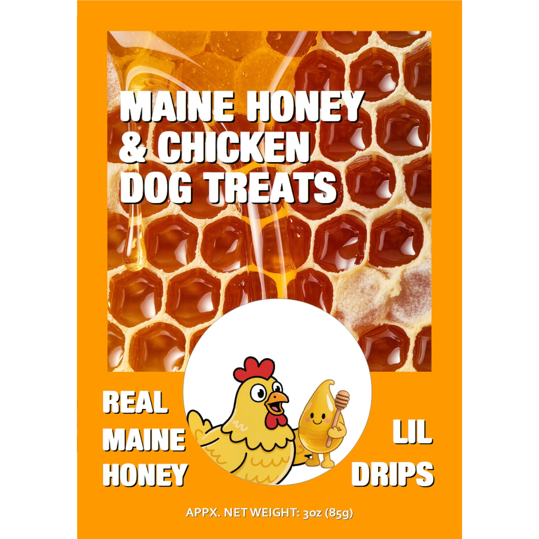 Front packaging label for Maine Honey & Chicken Dog Treats (3oz), highlighting the use of real Maine honey alongside cute chicken graphics.