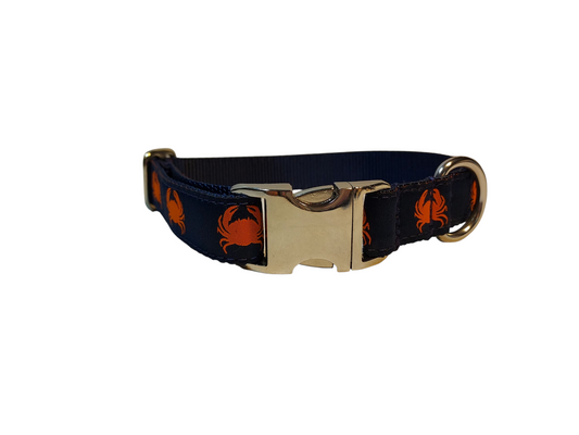 1” Ribbon Dog Collar – Crabby on Navy Blue