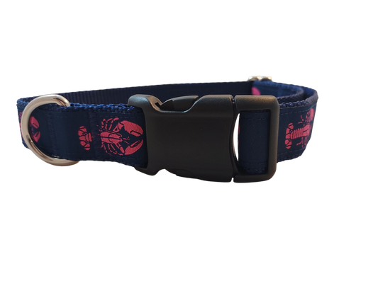 Ribbon Dog Collar – Pink Lobster on Navy Blue w/ Navy Nylon
