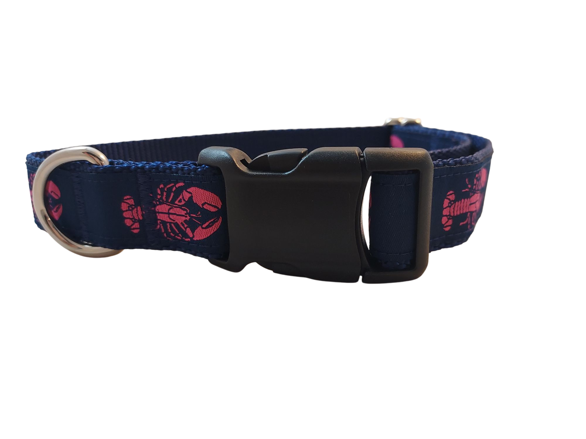 Ribbon Dog Collar – Pink Lobster on Navy Blue w/ Navy Nylon