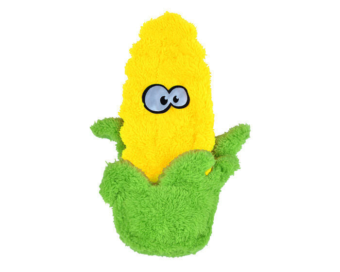 Plush toy shaped like a corn on the cob with embroidered eyes on a white background