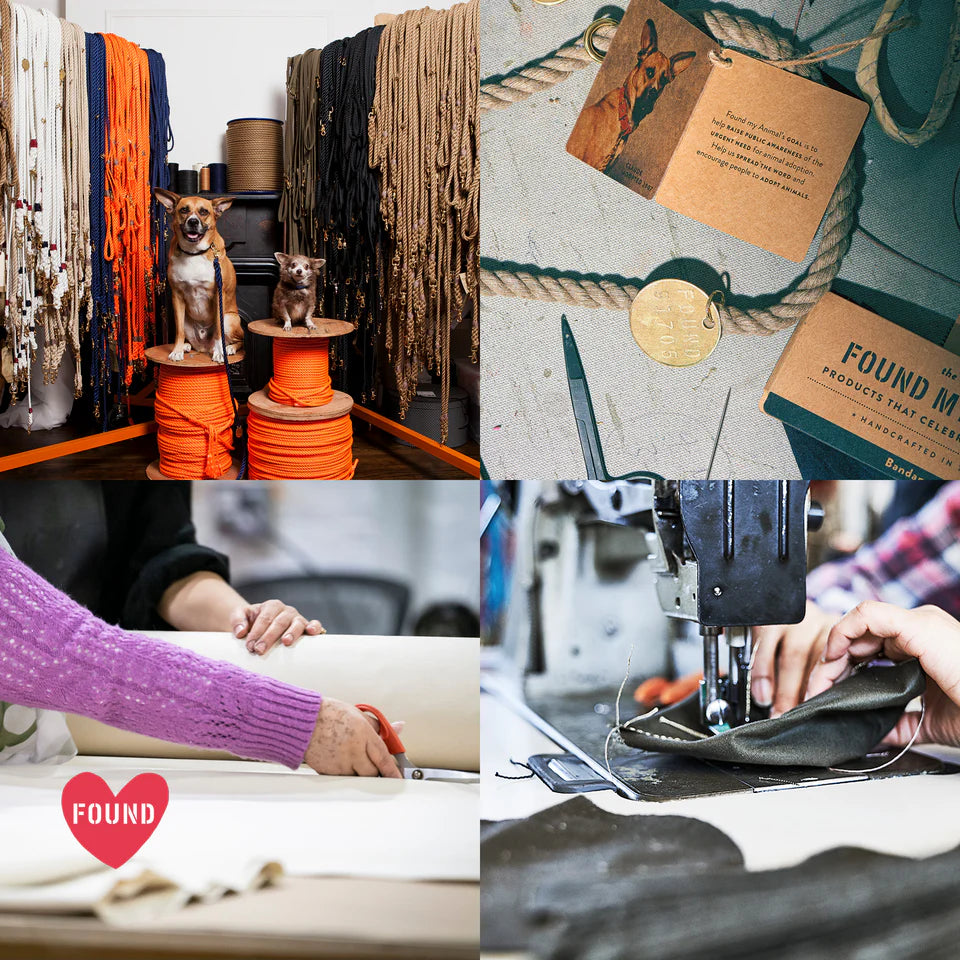 Collage of images including spools of fabric, a sewing machine, and a person working with fabric.
