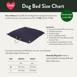 Dog bed size chart with product image and key benefits on a white background Thumbnail