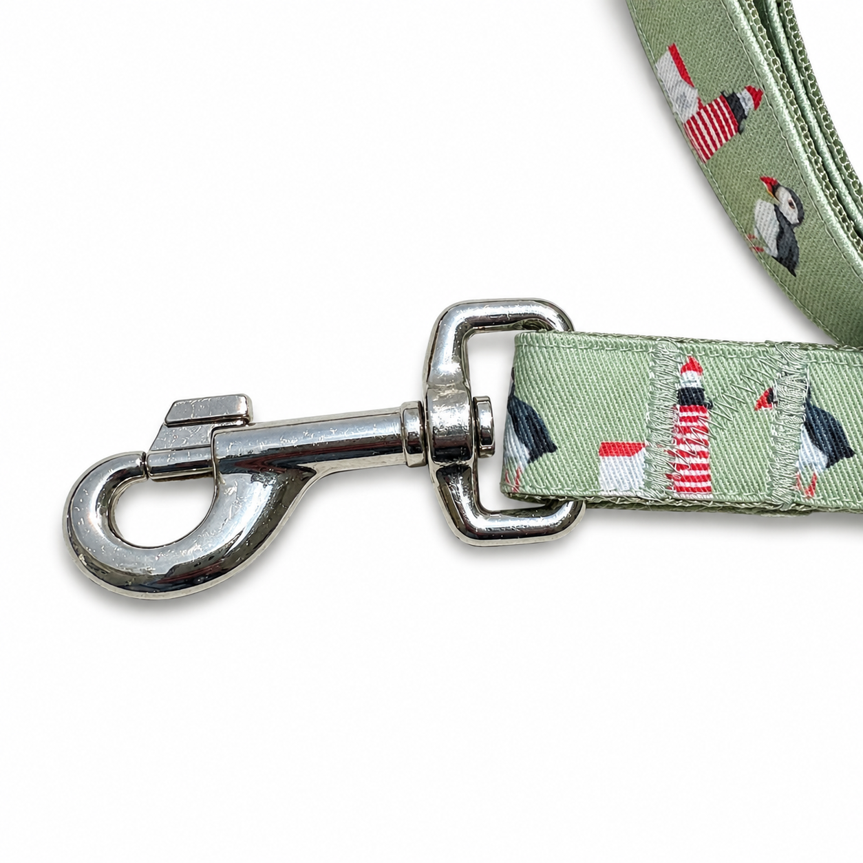 Handmade Ribbon Dog Leash - Puffins & Lighthouses - Black Nylon - 52"