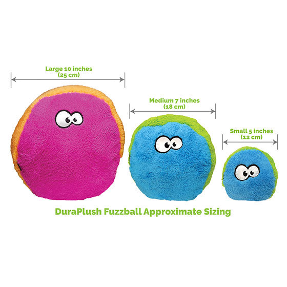 Three DuraPlush Fuzzball toys in different sizes. 