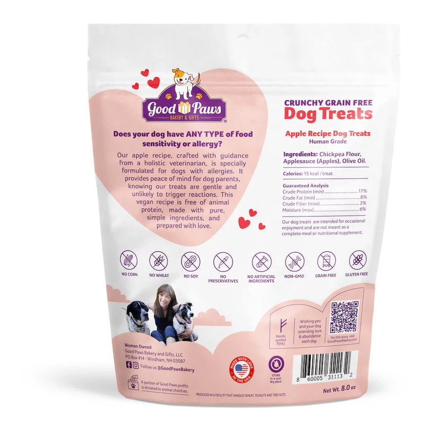 Back of the package of Apple, crunchy grain-free human grade dog treats 8oz