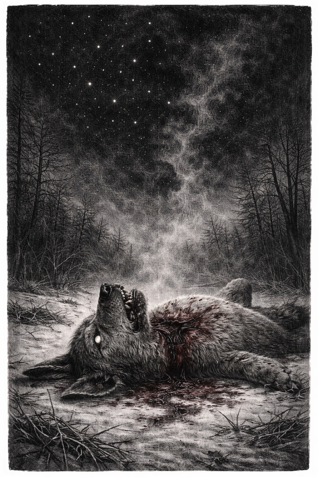 Illustration of a coyote dying on the ground with a starry night sky above.
