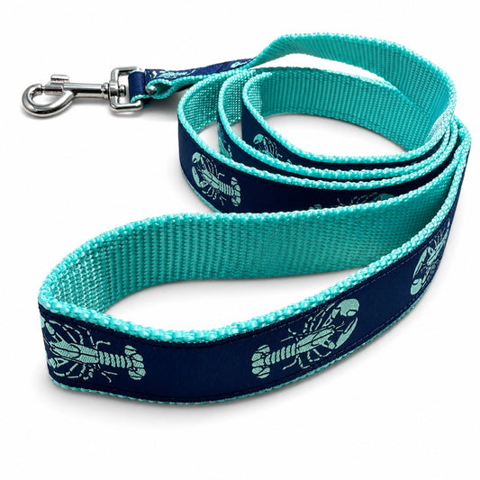 1” Ribbon Dog Leash - Aqua Lobster On Navy - Aqua Nylon