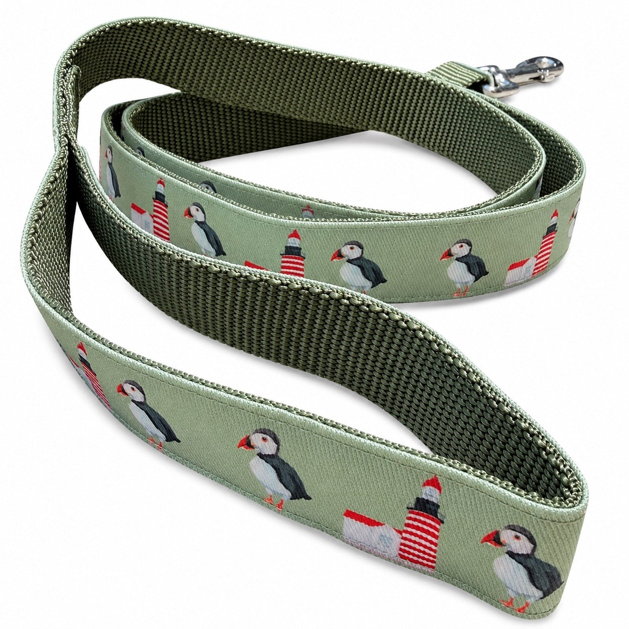 Handmade Ribbon Dog Leash - Puffins & Lighthouses - Black Nylon - 52"