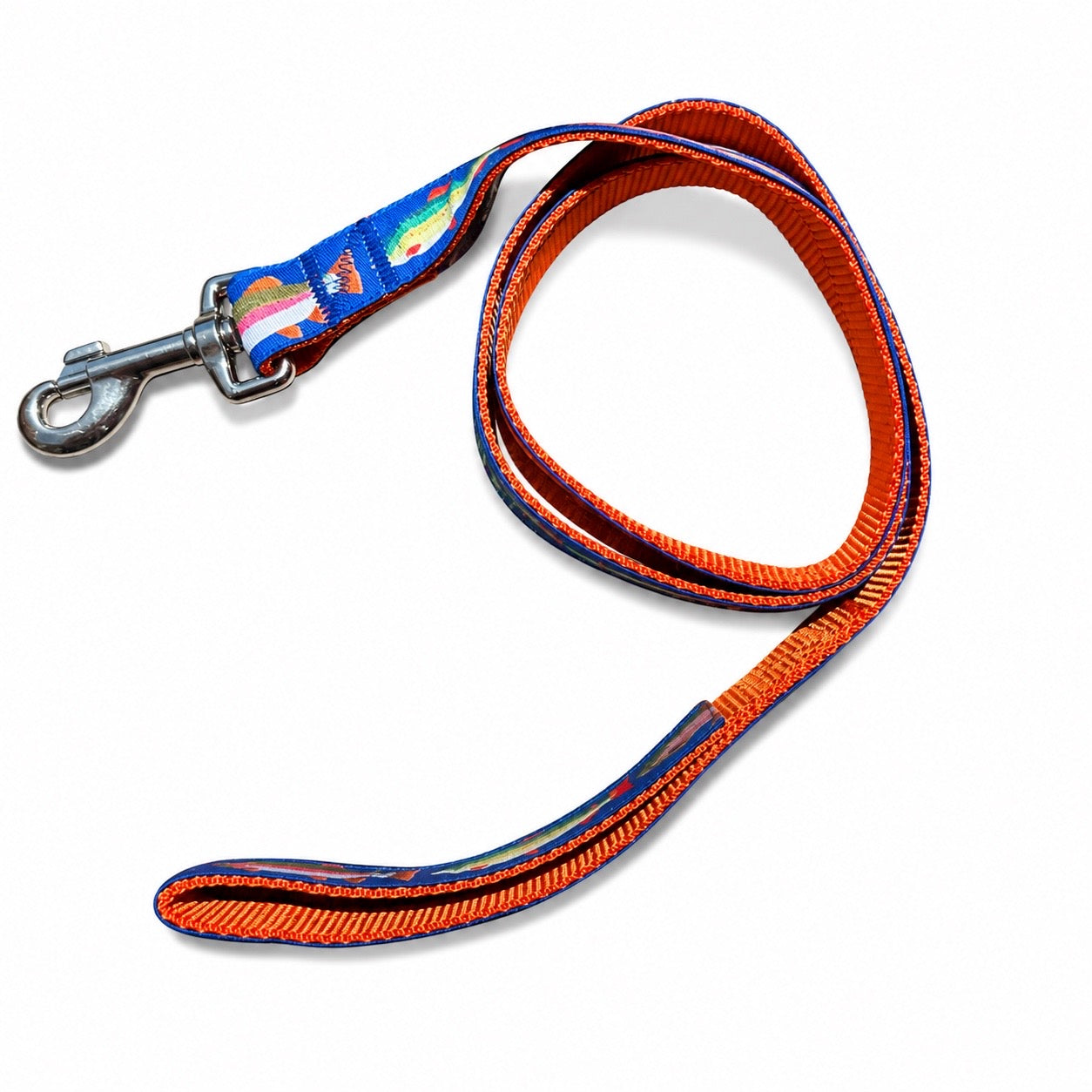 Handmade Ribbon Dog Leash - Trout on Navy - Orange Nylon - 52"