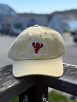 Khaki Boothbay Harbor Dog Treats dad hat with embroidered red lobster logo. Thumbnail