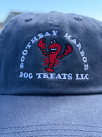 close up of Blue Boothbay Harbor Dog Treats dad hat with embroidered red lobster logo Thumbnail
