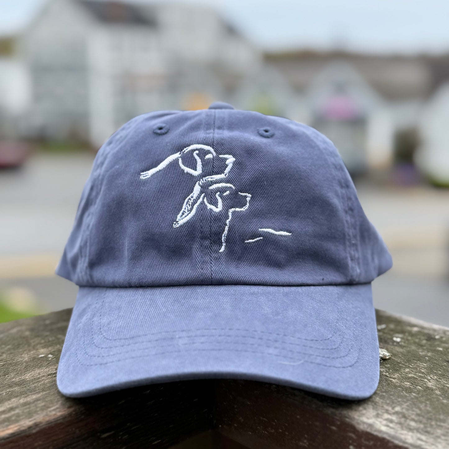 Blue cap with white dog design on a wooden surface with a blurred outdoor background
