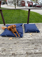 Dog lying on a blue pet bed on a wooden deck with a grassy area and houses in the background. Thumbnail