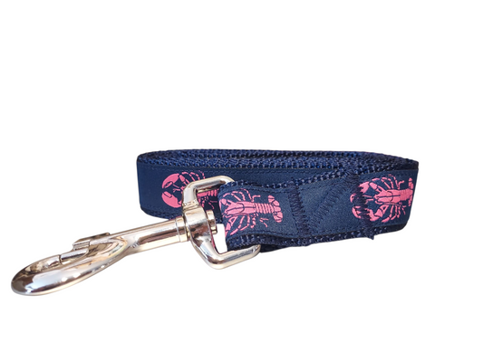 1" x 6ft Ribbon Dog Leash – Pink Lobster, on Navy, on Navy