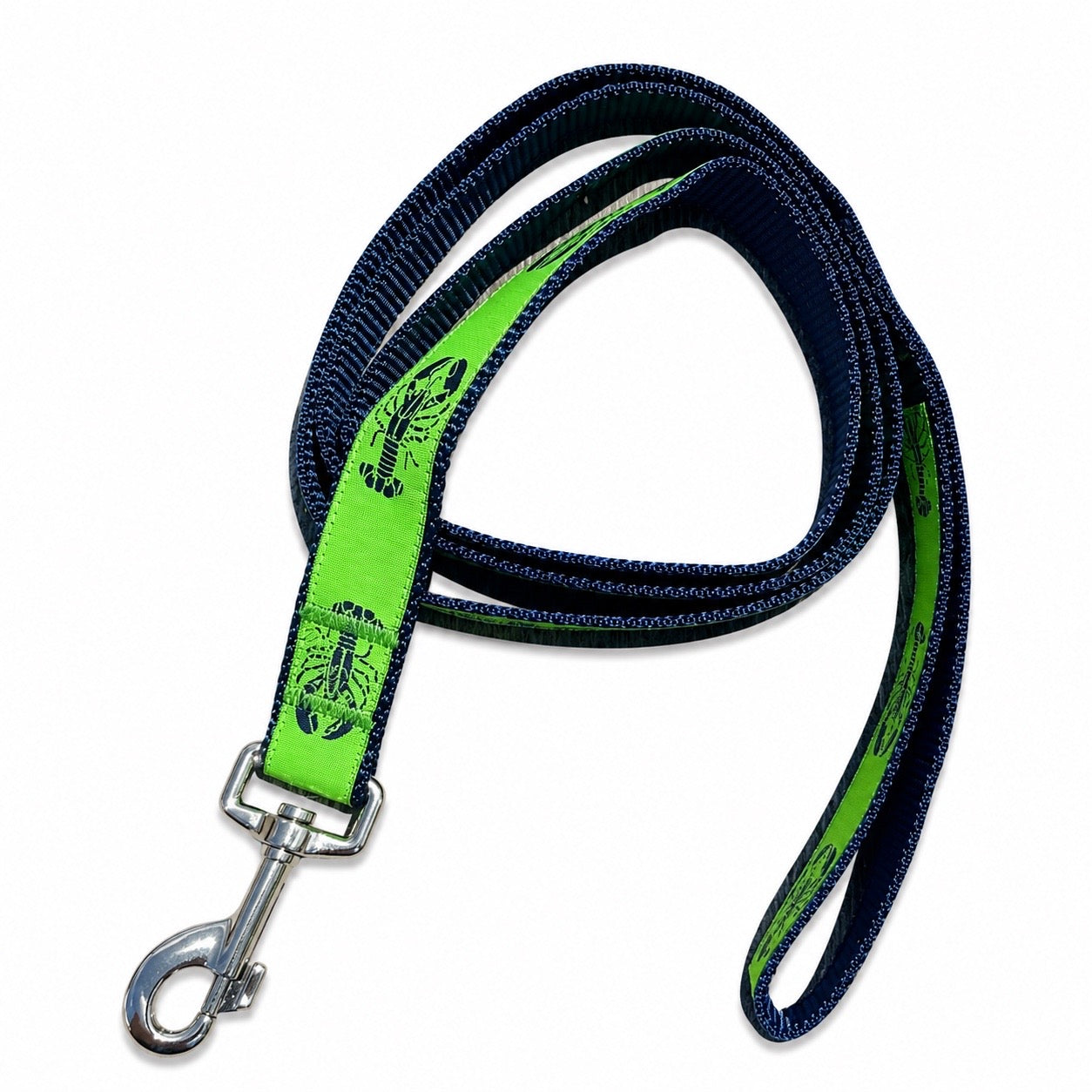 Handmade Ribbon Dog Leash - Navy Lobster On Lime Green - Navy Nylon - 2 Lengths