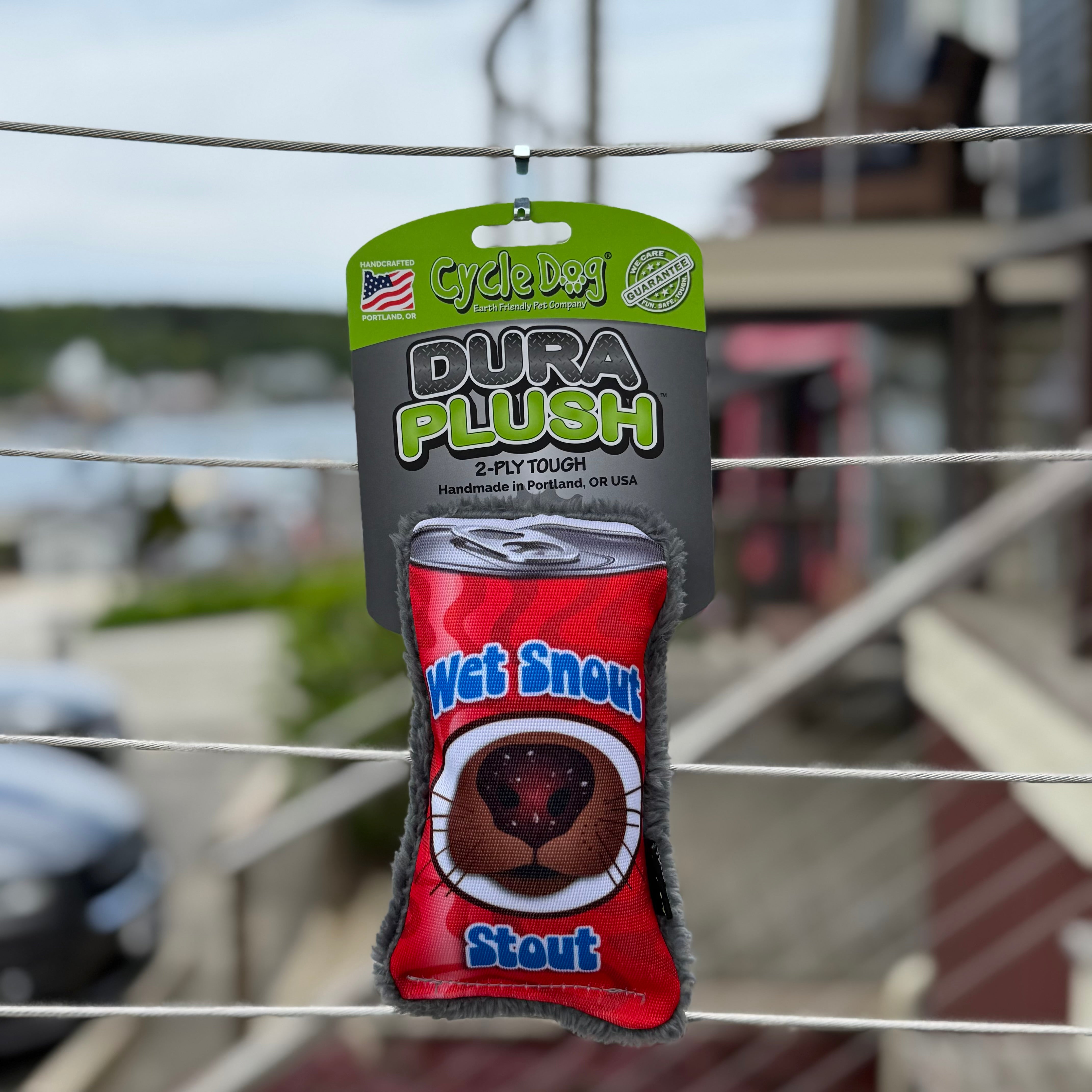 Cycle Dog Dura Plush beer can dog toy with "Wet Snout Stout" text and an animated dog snout.