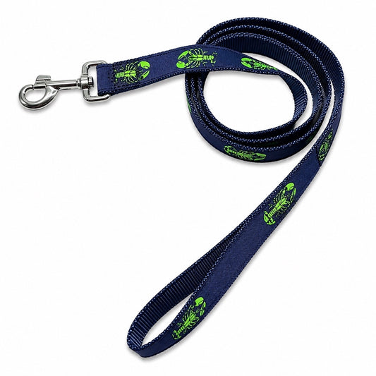 1” Ribbon Dog Leash - Lime Lobster On Navy - Navy Nylon