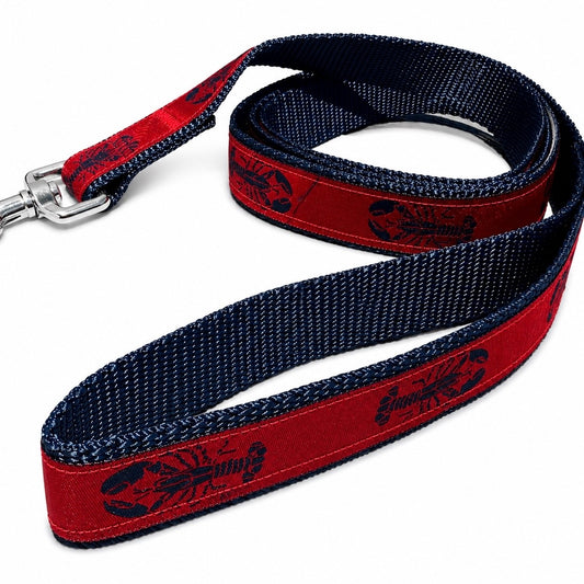 1” Ribbon Dog Leash - Navy Lobster On Red - Navy Nylon