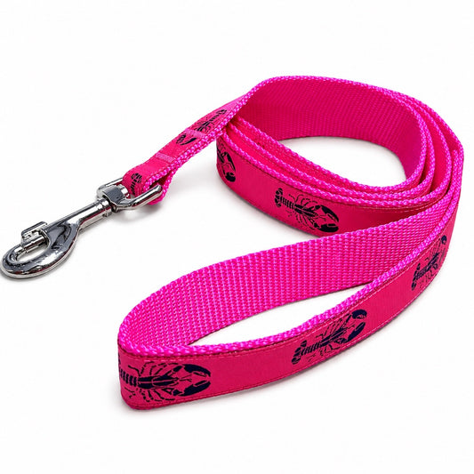 1” Ribbon Dog Leash - Navy Lobster On Pink - Pink Nylon