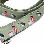 Handmade Ribbon Dog Leash - Puffins & Lighthouses - Black Nylon - 52