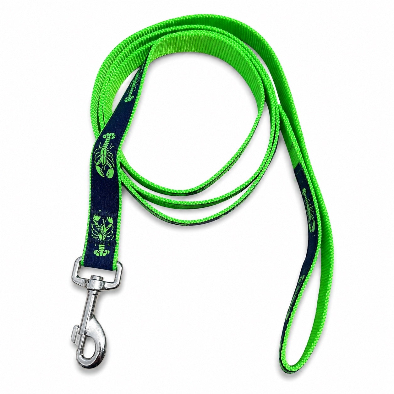 Handmade Ribbon Dog Leash - Lime Lobster On Navy - Lime Nylon - 2 Lengths