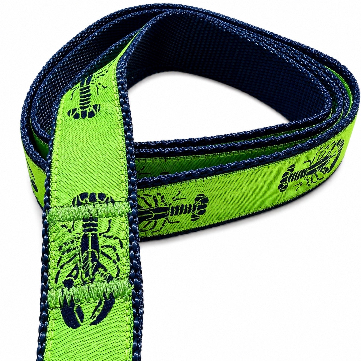 Handmade Ribbon Dog Leash - Navy Lobster On Lime Green - Navy Nylon - 2 Lengths