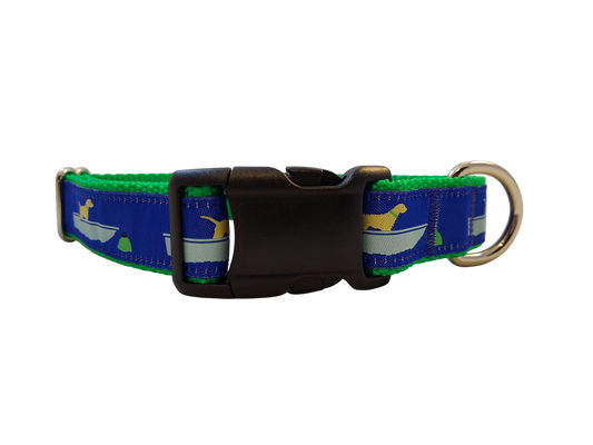 1” Ribbon Dog Collar – Yellow Dog in Skiff