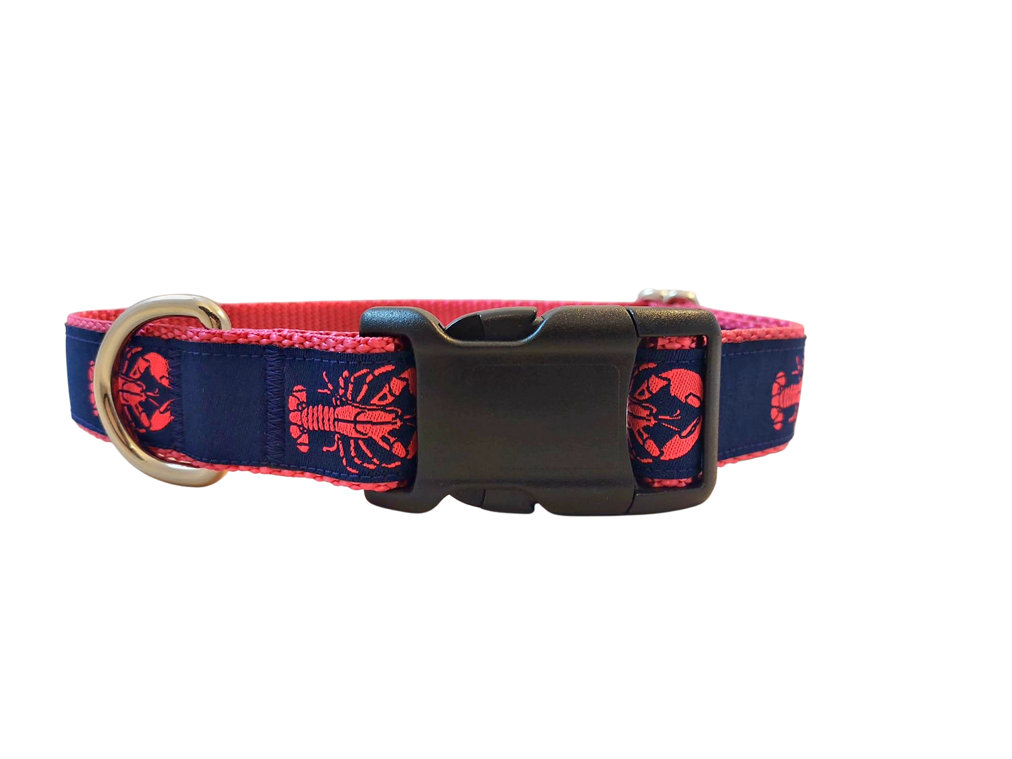 Ribbon Dog Collar – Lobster,  Pink on Navy Blue w/ Pink Nylon