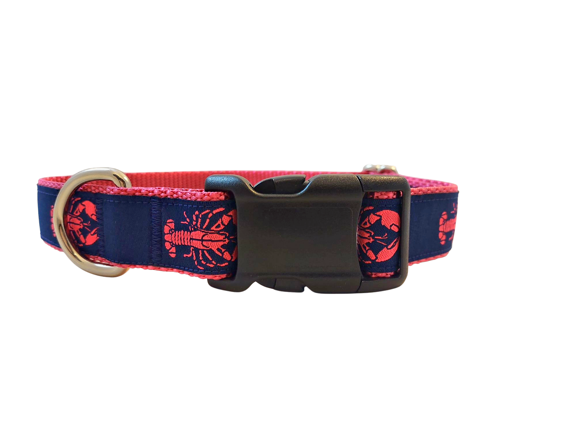 Ribbon Dog Collar – Lobster,  Pink on Navy Blue w/ Pink Nylon
