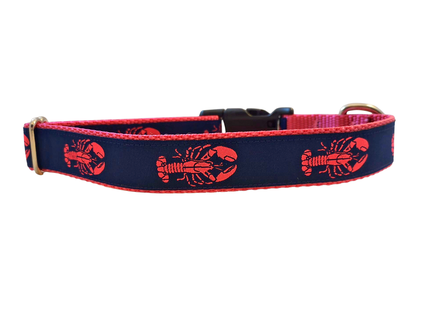Ribbon Dog Collar – Lobster,  Pink on Navy Blue w/ Pink Nylon