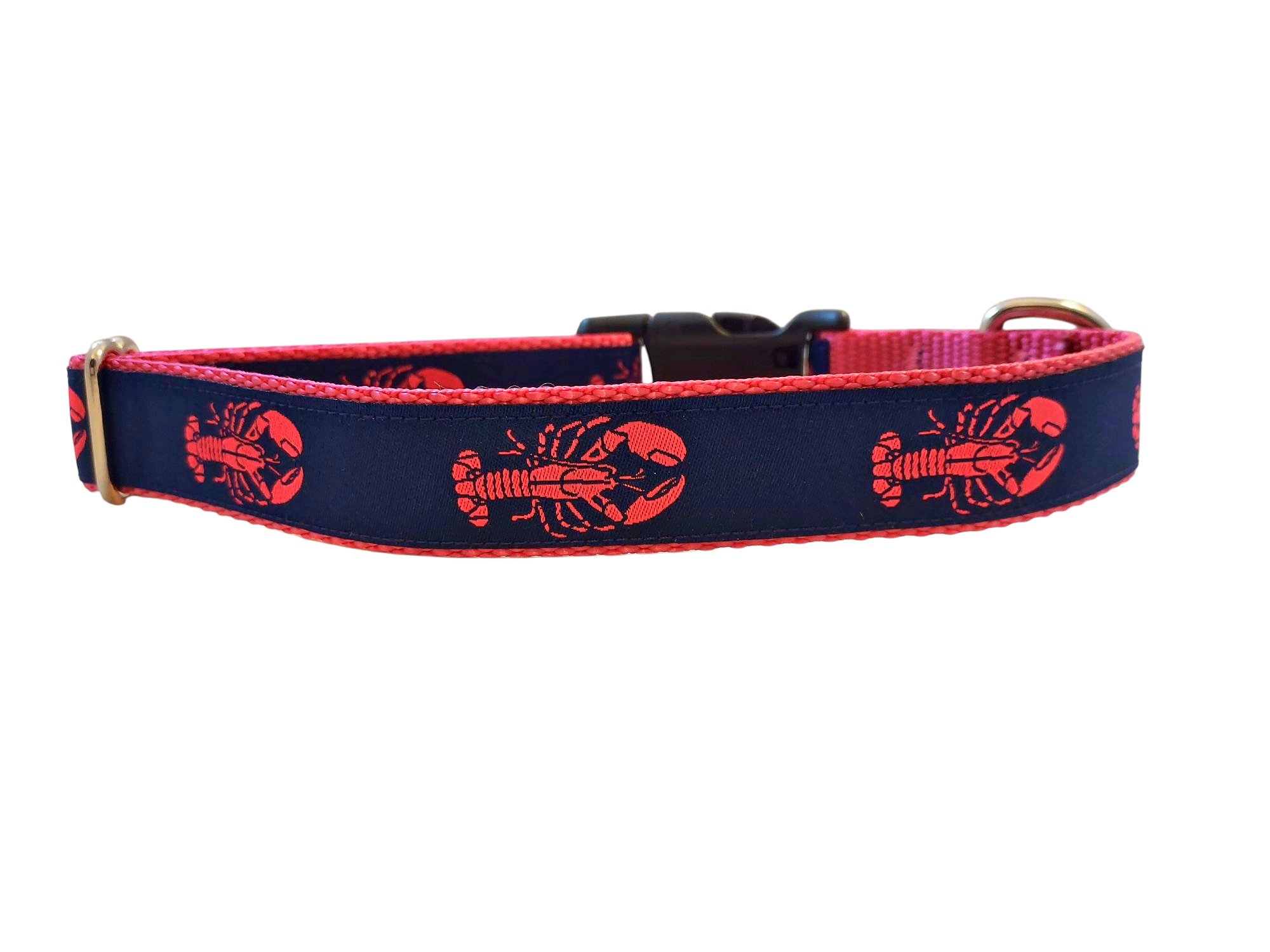 Ribbon Dog Collar – Lobster,  Pink on Navy Blue w/ Pink Nylon