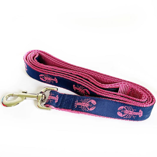 1” Ribbon Dog Leash – Pink Lobster on Navy Ribbon. Pink Nylon