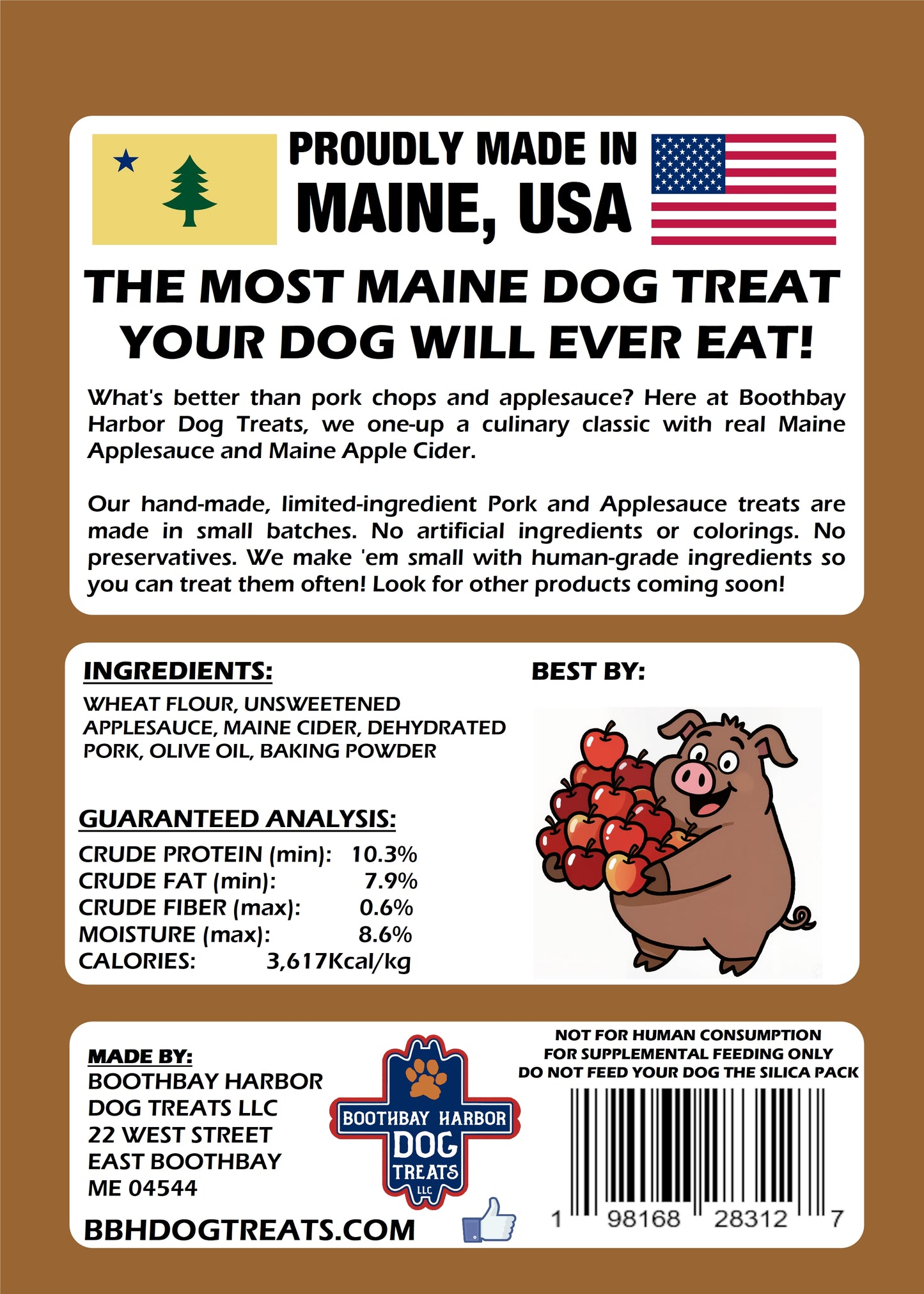 Back of the product package showing a that the product is made in Maine,USA. A graphic and listing the exact ingredients and a guaranteed analysis of nutritional values. 