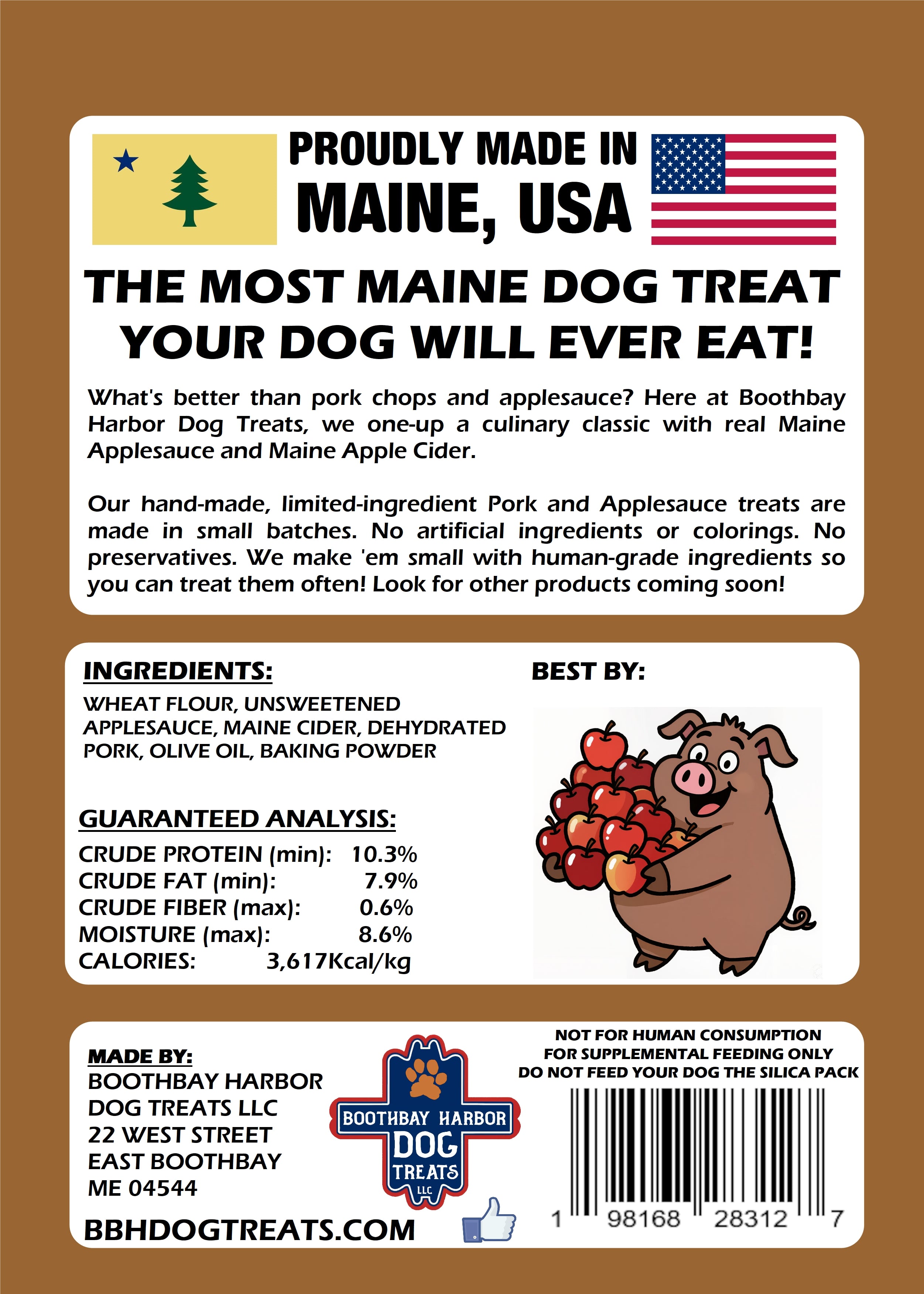 Back of the product package showing a that the product is made in Maine,USA. A graphic and listing the exact ingredients and a guaranteed analysis of nutritional values. 