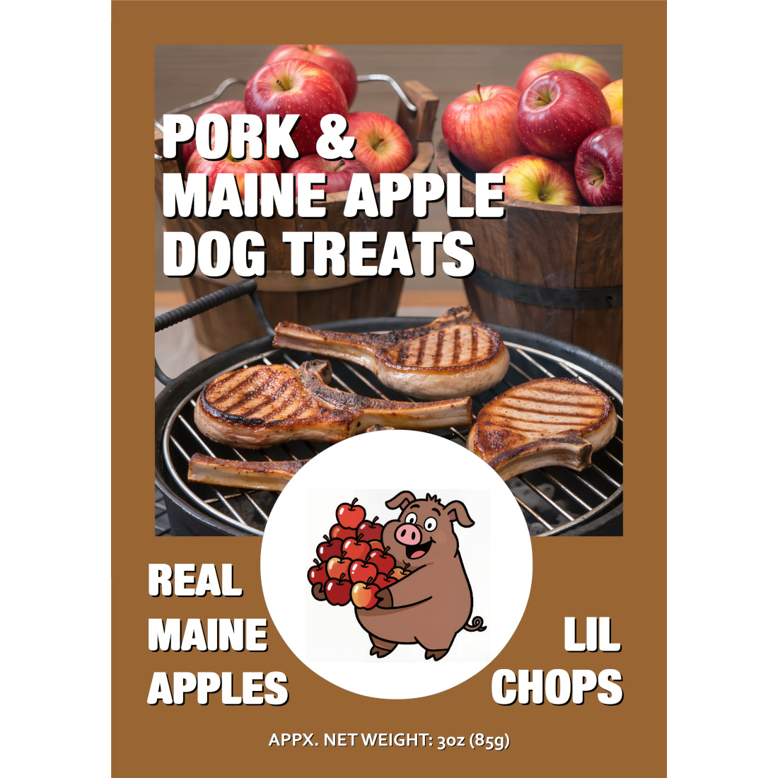 Front packaging label for Pork & Maine Apple Dog Treats featuring a cartoon pig holding apples, alongside graphics of real apples and grilled pork chops, noting an approximate net weight of 3oz (85g).