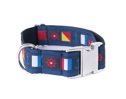 1.5” Ribbon Dog Collar – Nautical Flags, Blue