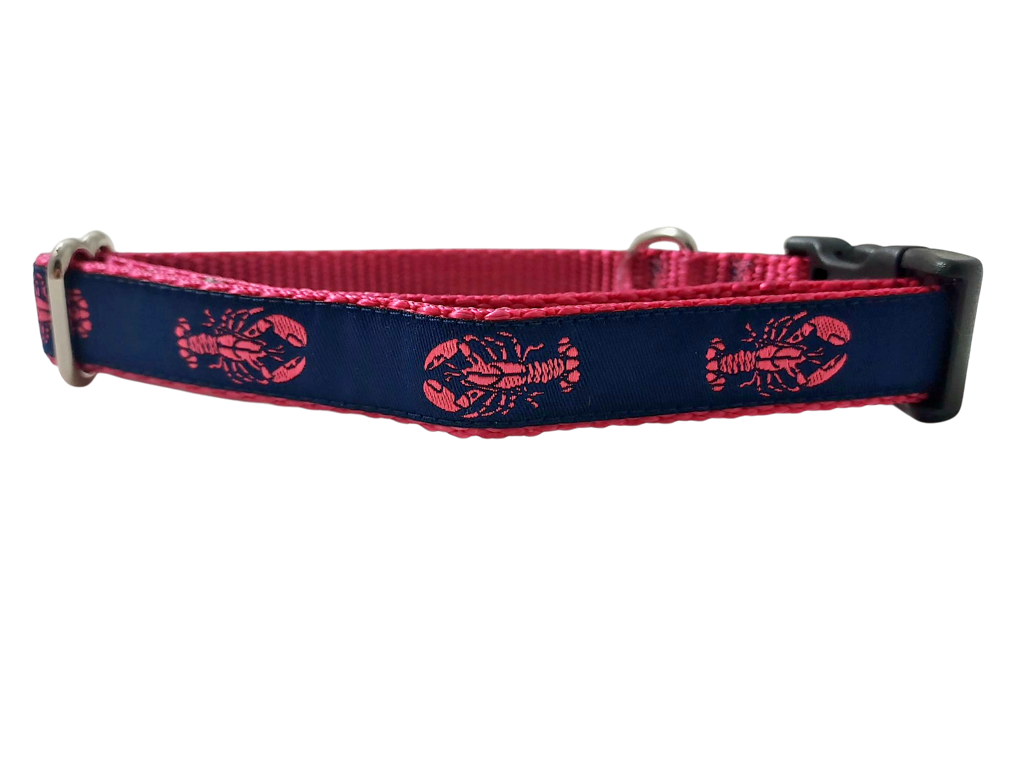 Ribbon Dog Collar – Lobster,  Pink on Navy Blue w/ Pink Nylon