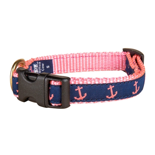 5/8” Ribbon Dog Collar – Anchor,  Pink on Navy Blue