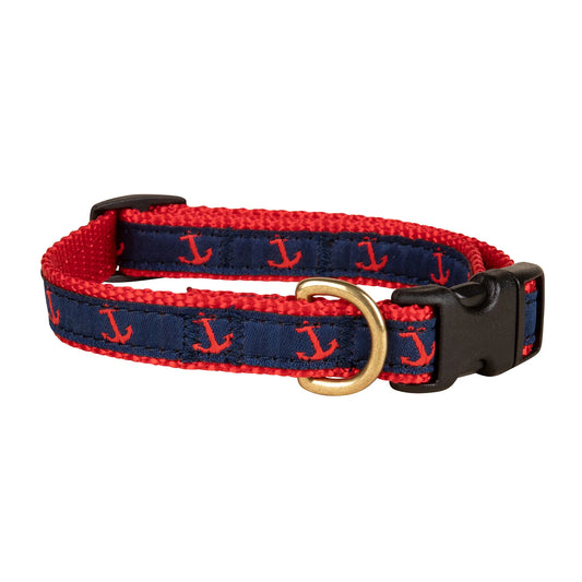 5/8” Ribbon Dog Collar – Anchor,  Red on Navy Blue