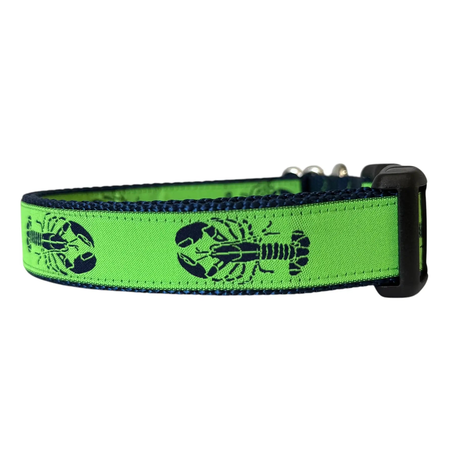 lime green dog collar with navy blue lobsters on white background.