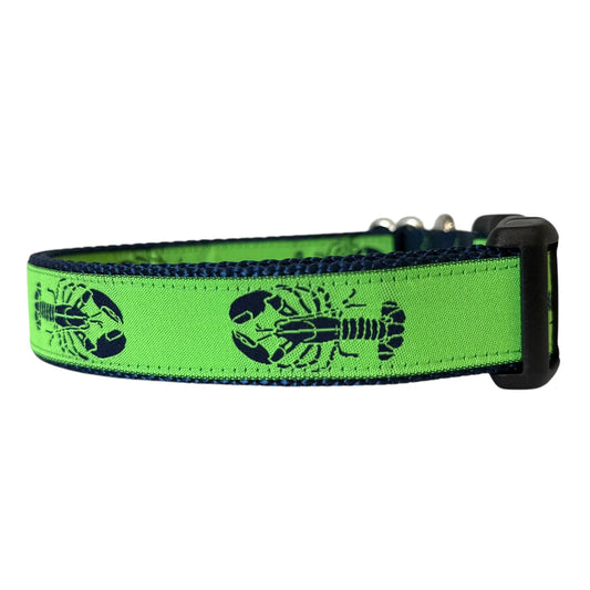 lime green dog collar with navy blue lobsters on white background.