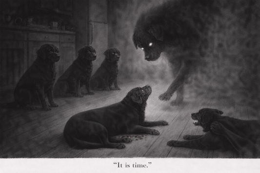 Illustration of dogs paying respect to Max as The Great Black Dog of Death comes to claim him