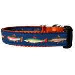 dog collar with trout design on navy with white background. Thumbnail