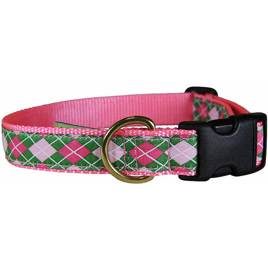 1” Ribbon Dog Collar – Pink & Green Argyle